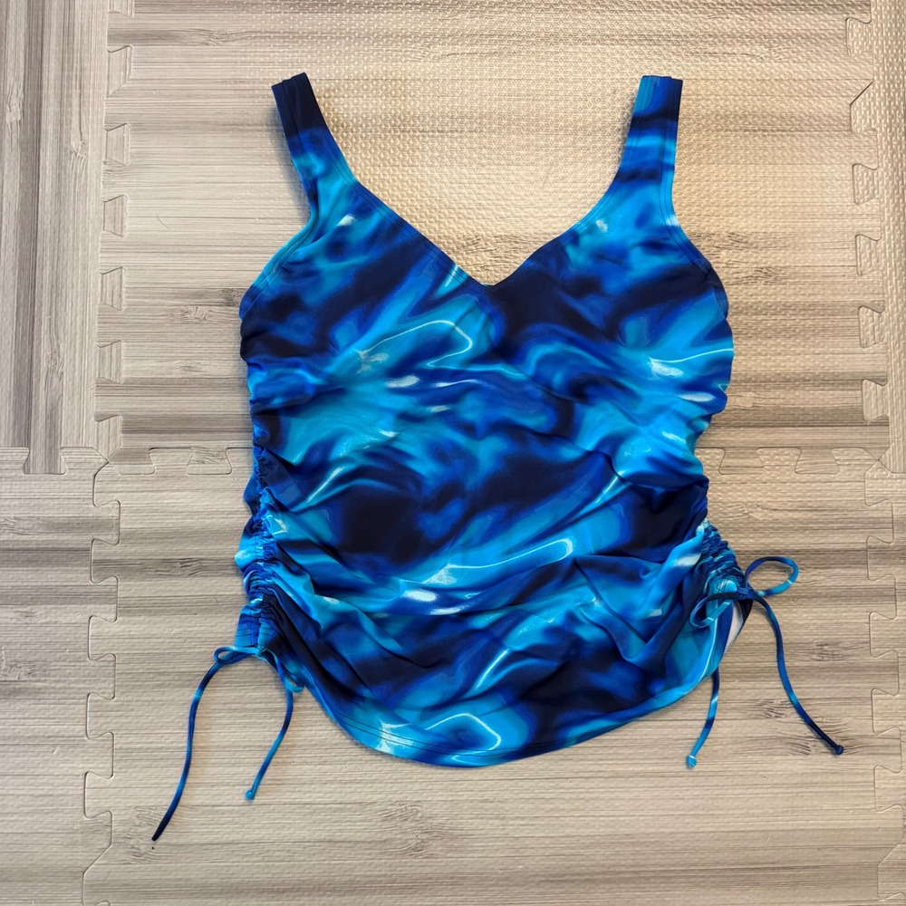 Lands End Tankini Swim Top Womens 4P Blue Abstract Ruched Side Tie Beachwear Sun